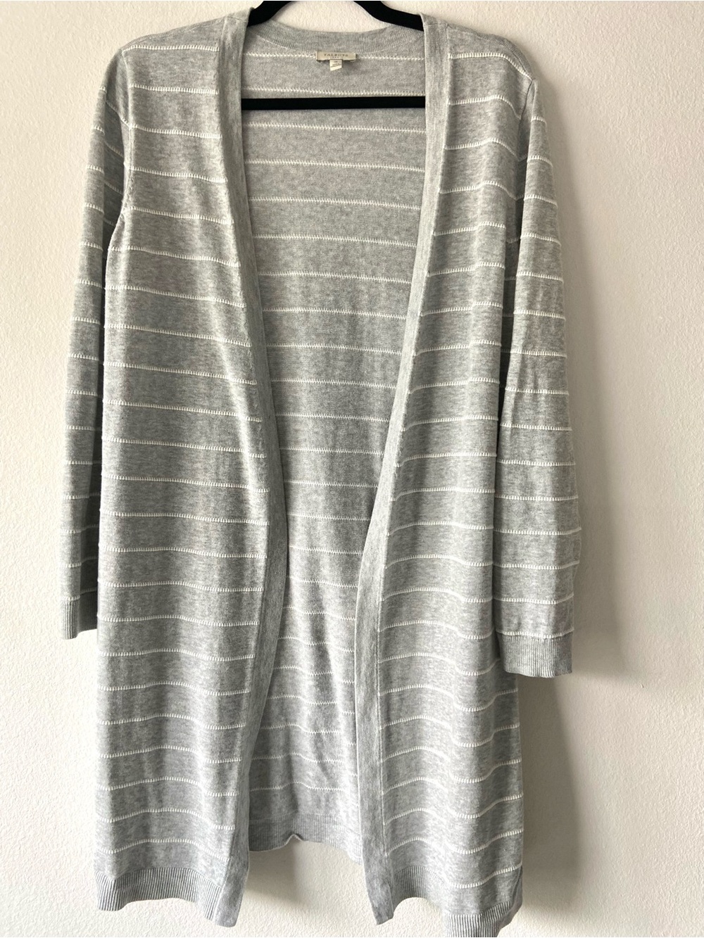 Talbots Gray White Stripe Open Front Long Cardigan Sweater 100% Cotton Size M